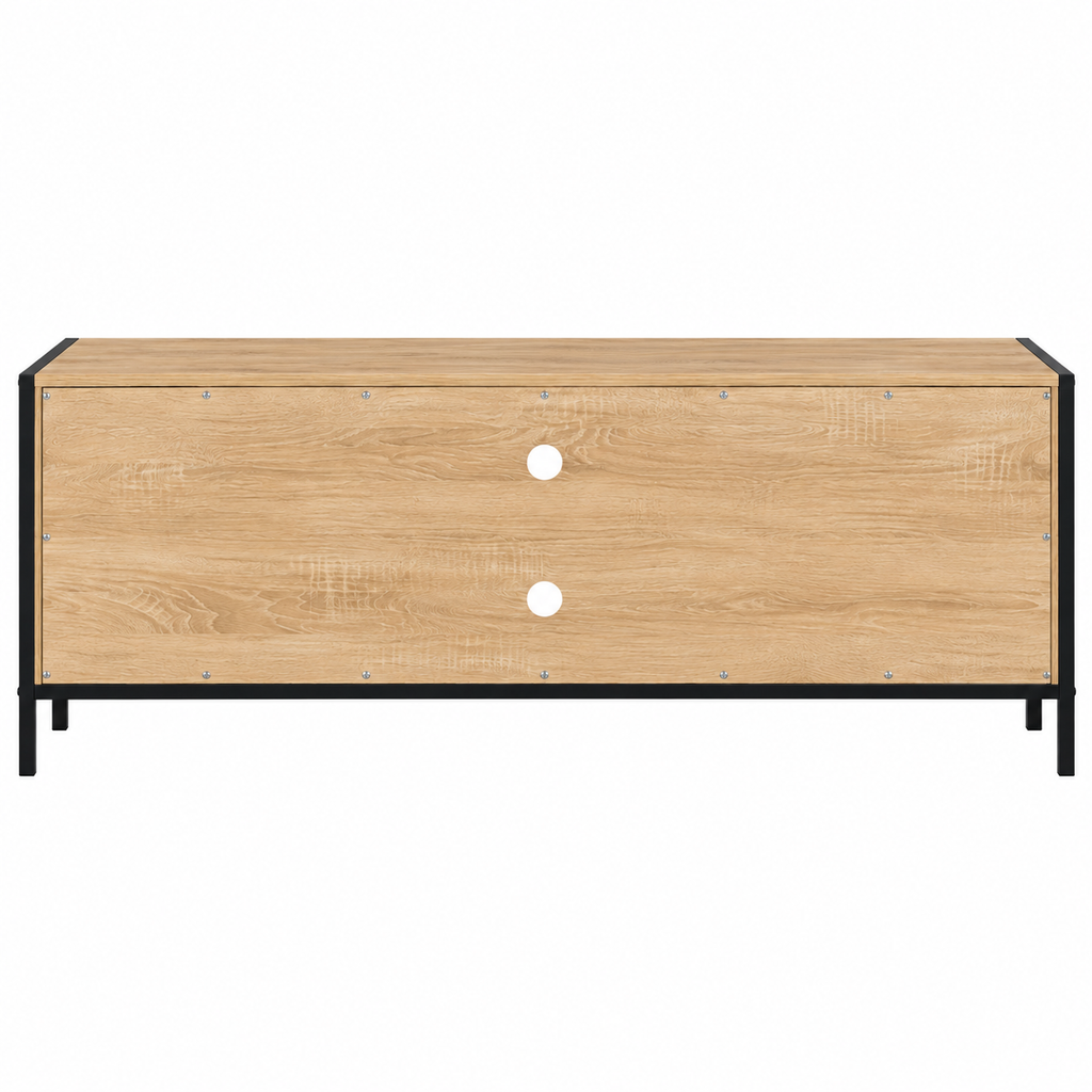Vue arrière du meuble TV industriel bois et métal 140 cm, dos façon hêtre avec passe-câbles