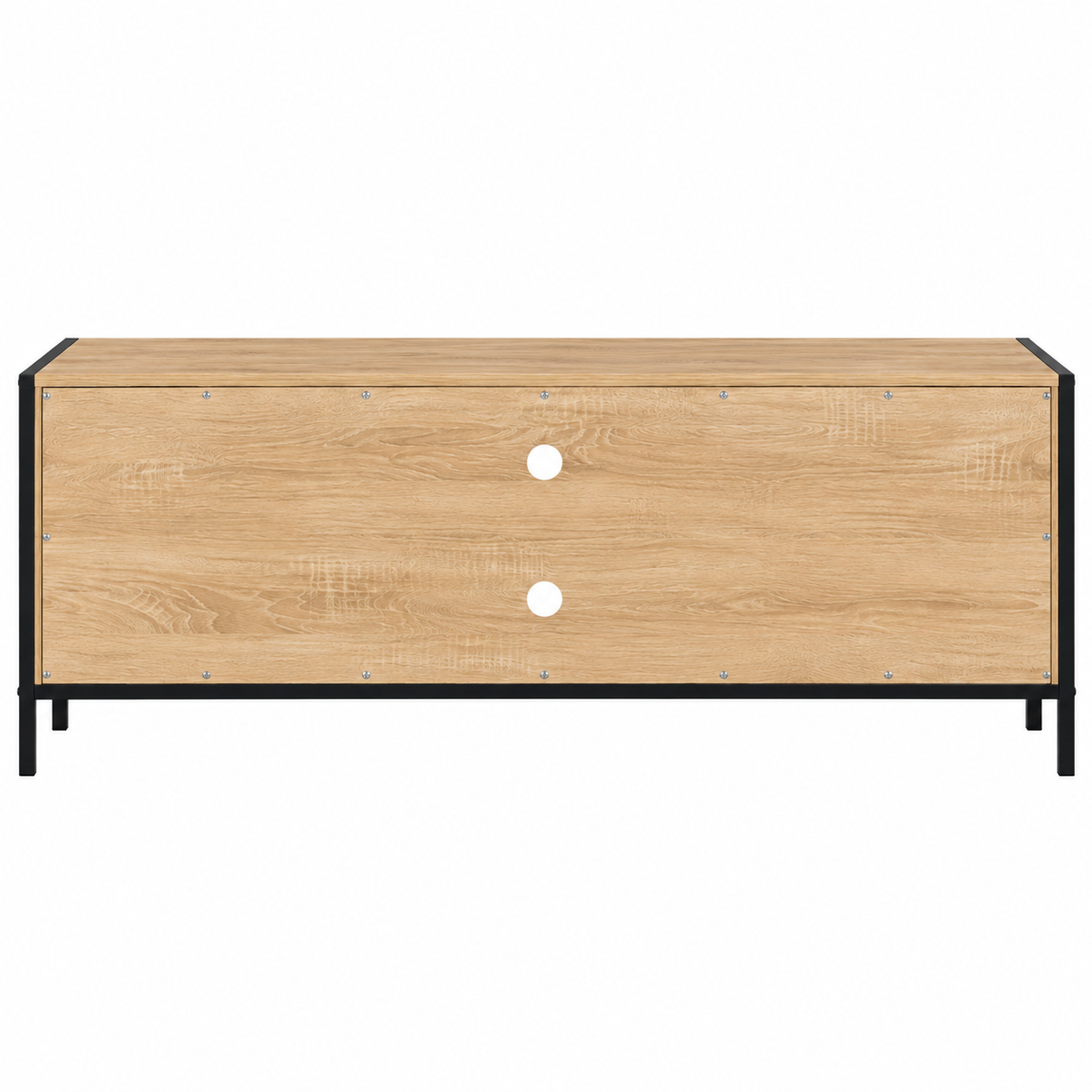 Vue arrière du meuble TV industriel bois et métal 140 cm, dos façon hêtre avec passe-câbles