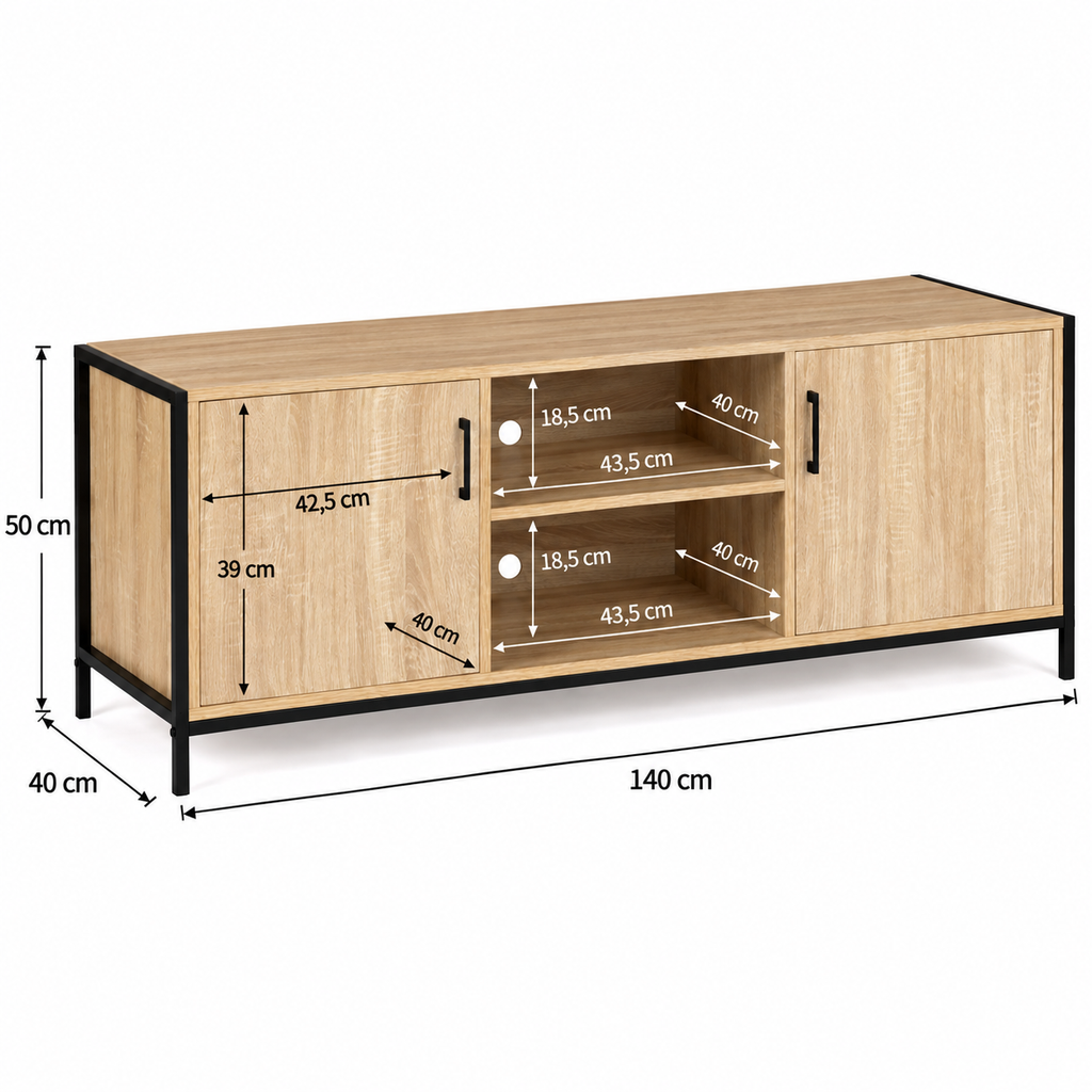 Dimensions du meuble TV industriel bois et métal : 140 x 40 x 50 cm