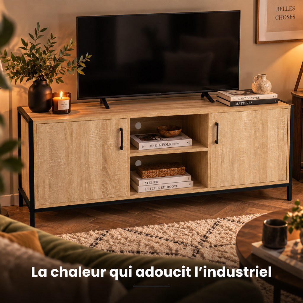 Meuble TV industriel bois et métal dans un salon chaleureux, téléviseur posé dessus et plantes