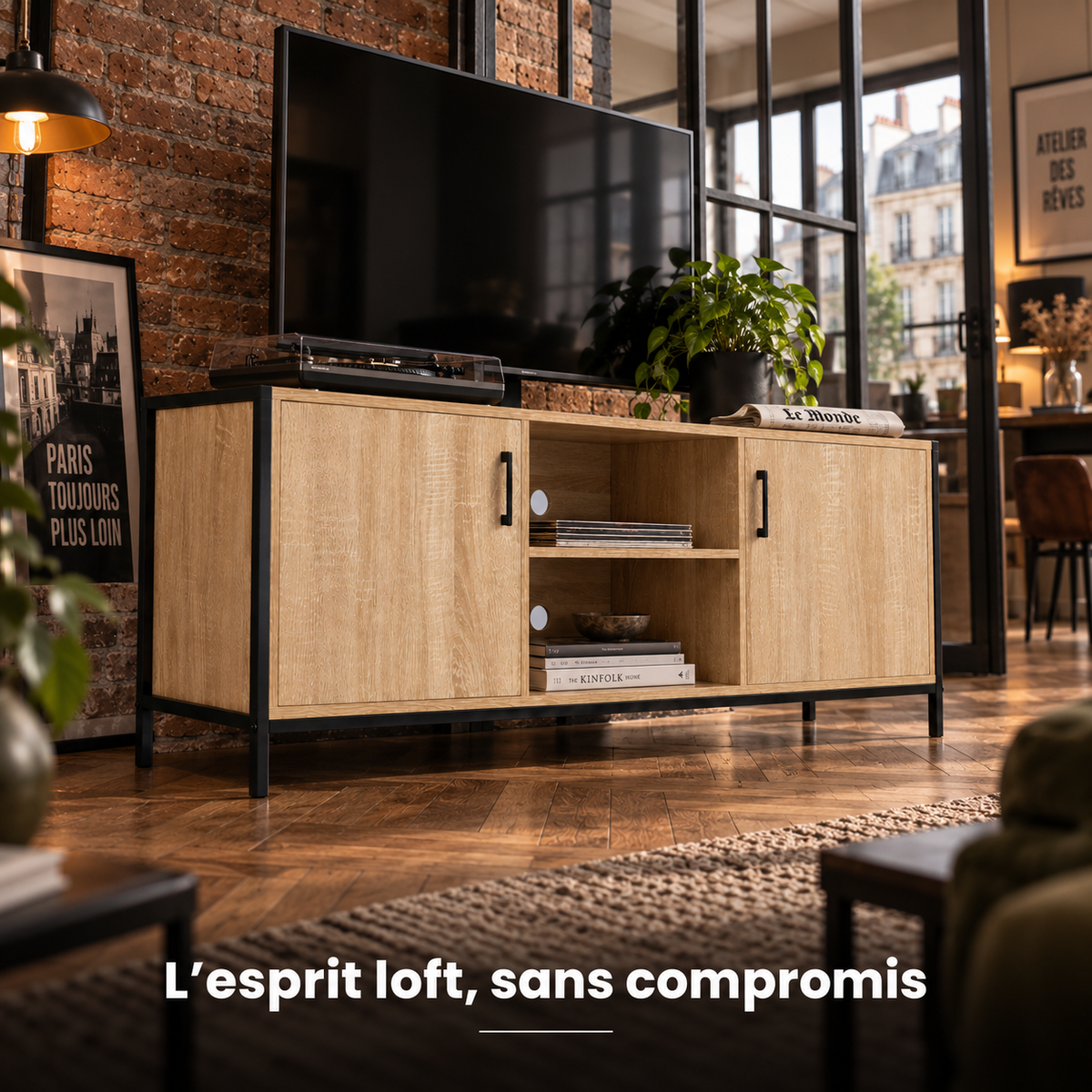 Meuble TV industriel bois et métal dans un salon style loft avec mur en briques et verrière
