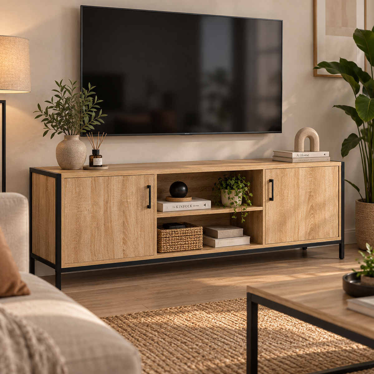 Meuble TV industriel bois façon hêtre et métal noir, allure loft Image