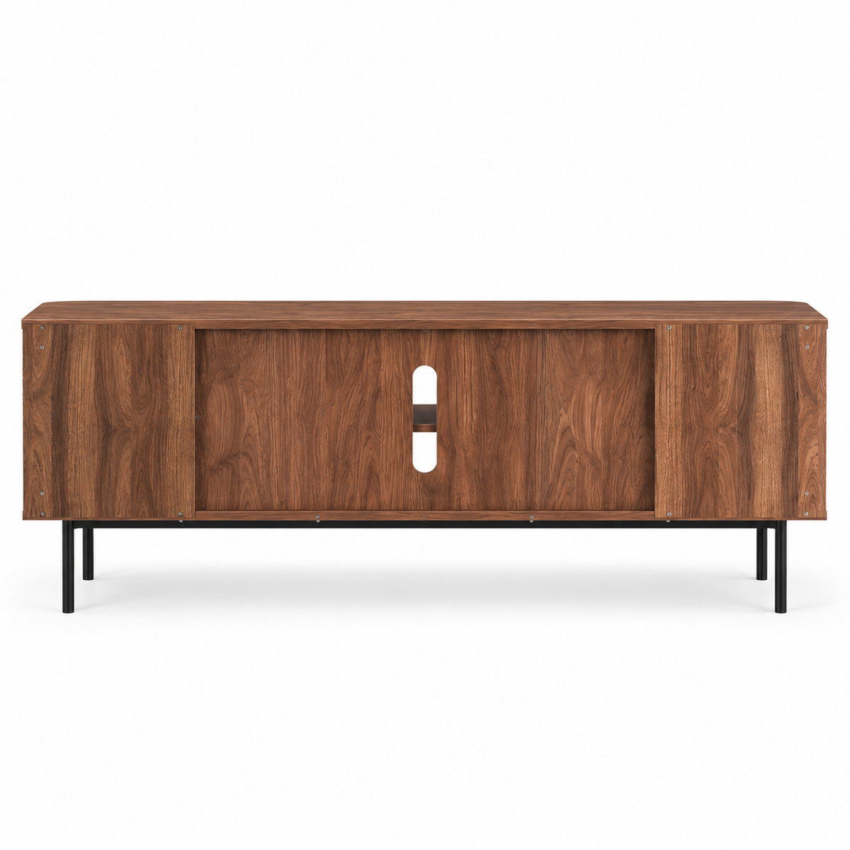Vue arrière du meuble TV noyer 150 cm, dos en bois foncé avec grand passe-câbles