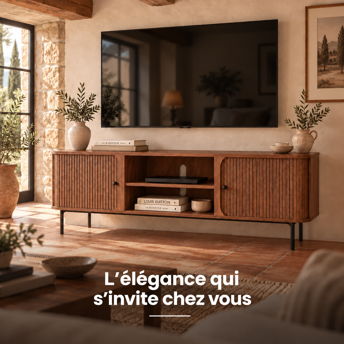 Meuble TV noyer vintage dans un salon chaleureux, grand téléviseur fixé au mur et plantes