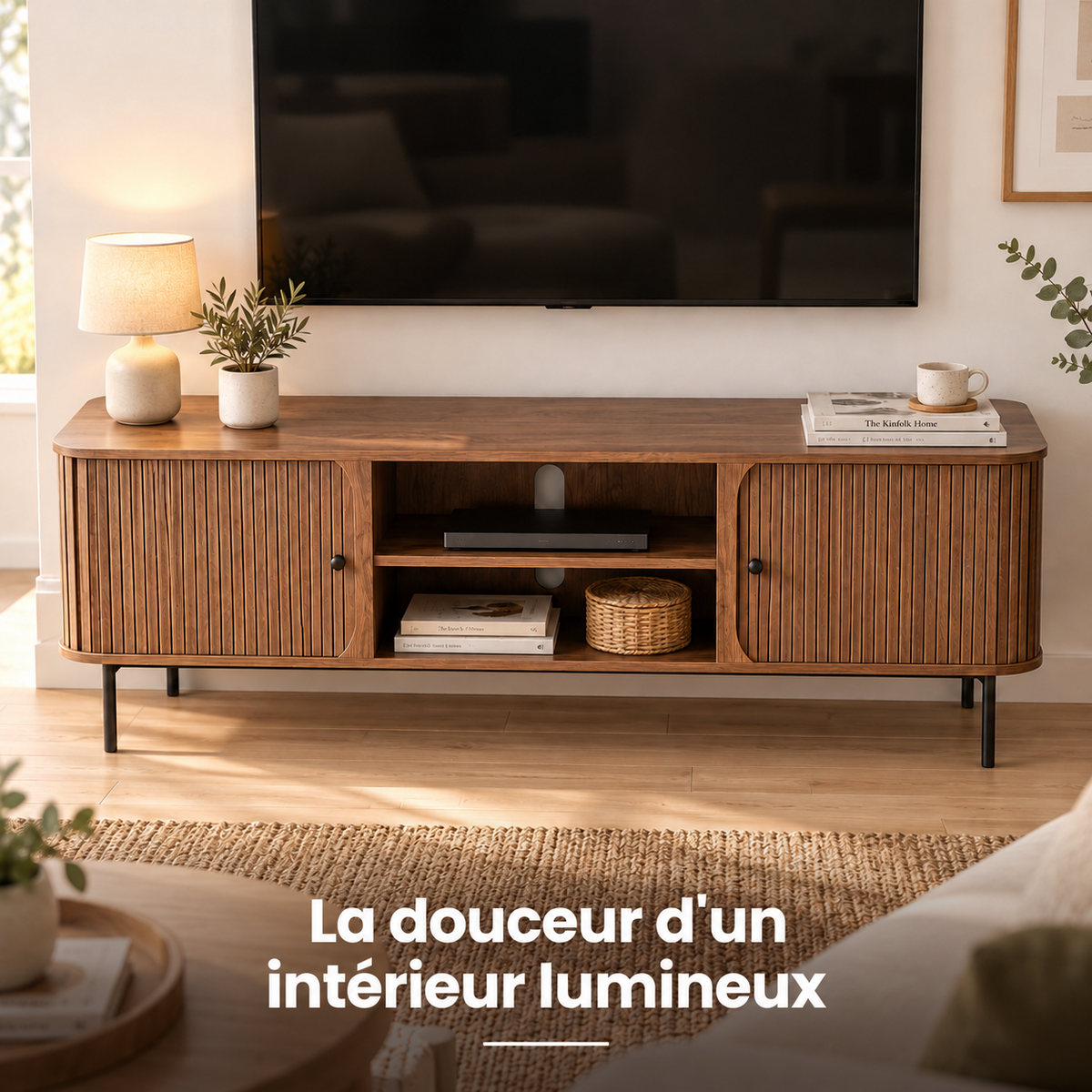 Meuble TV noyer aux portes coulissantes dans un salon lumineux, téléviseur posé dessus