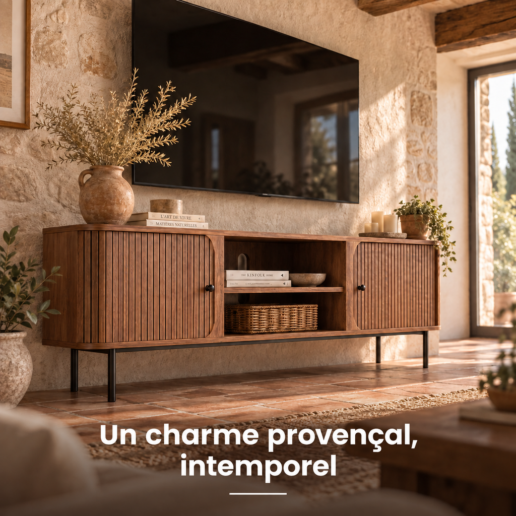 Meuble TV noyer vintage dans un salon au charme provençal, objets déco dans la niche centrale