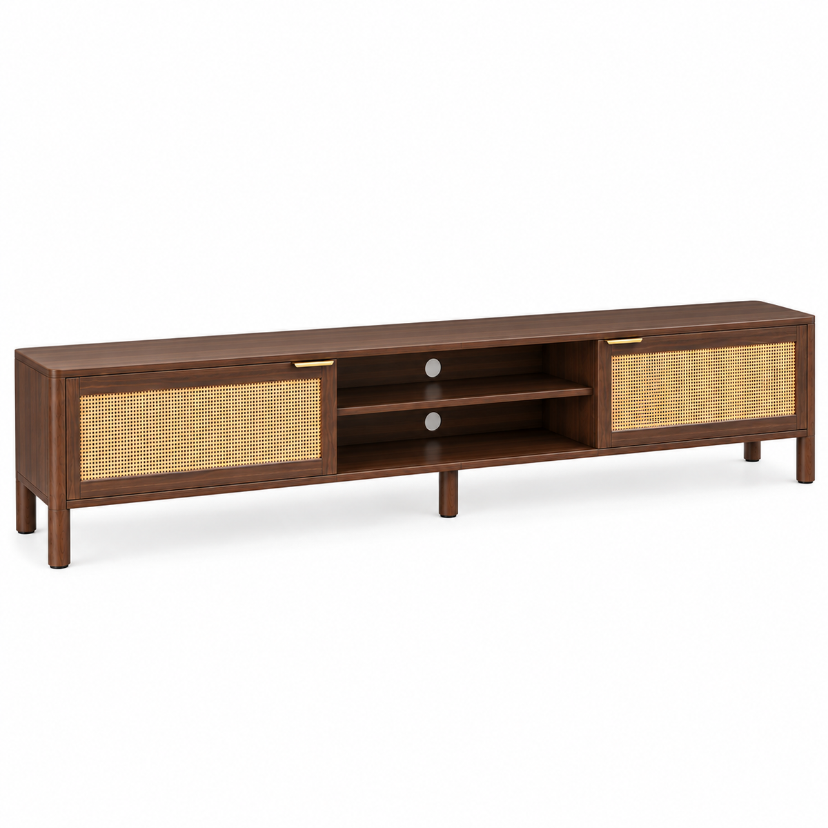 Meuble TV noyer et rotin tressé vu de trois quarts, grand plateau de 180 cm