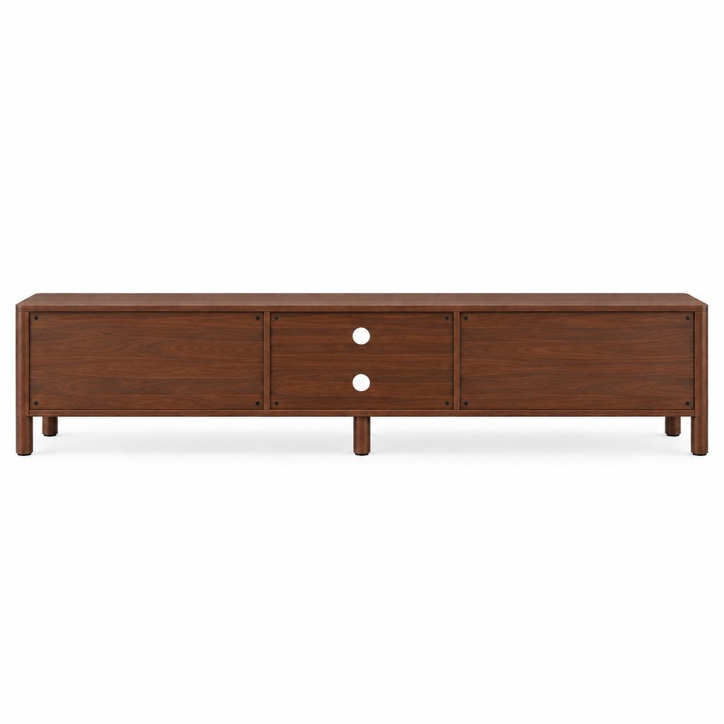 Vue arrière du meuble TV noyer 180 cm, dos en bois foncé avec passe-câbles