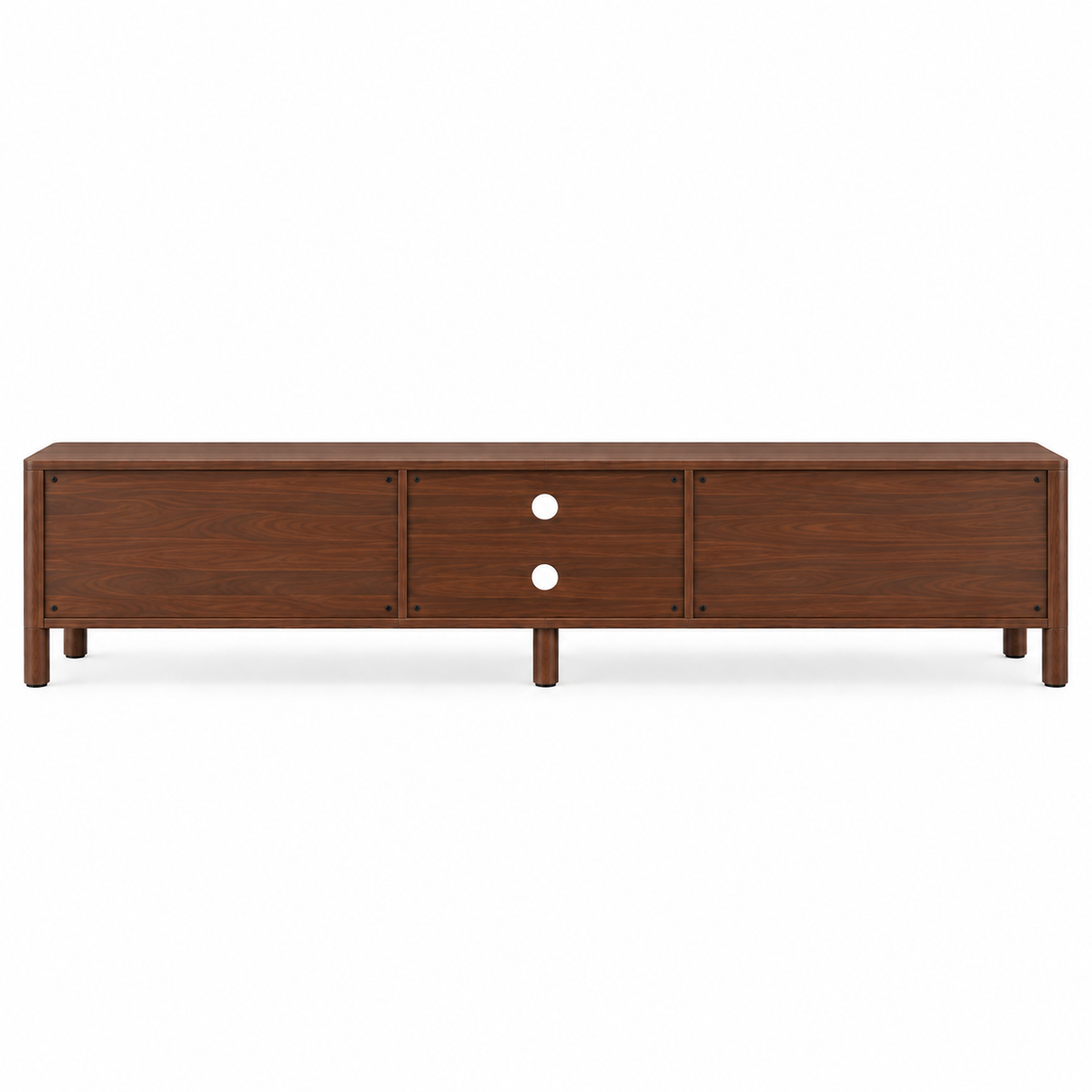 Vue arrière du meuble TV noyer 180 cm, dos en bois foncé avec passe-câbles