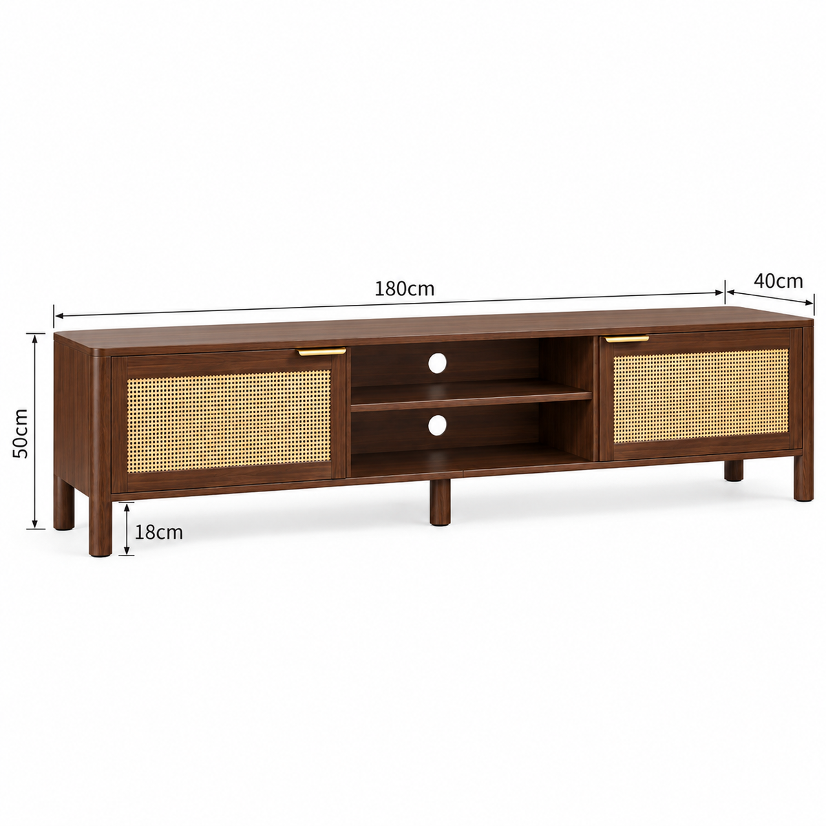 Dimensions du meuble TV noyer et rotin tressé de 180 cm de large