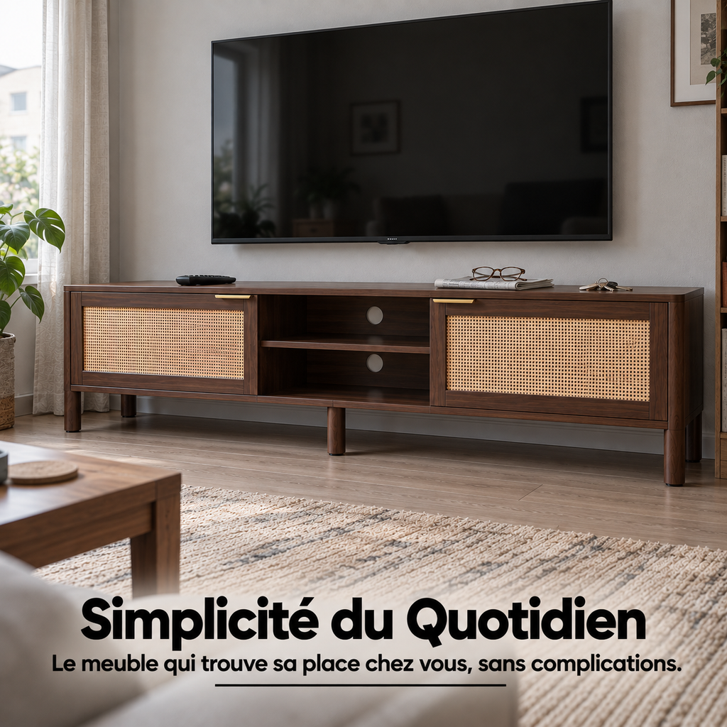 Meuble TV noyer et rotin dans un salon épuré, grand téléviseur fixé au mur