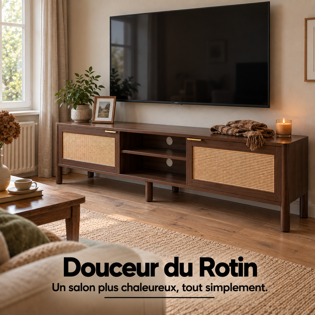 Meuble TV noyer et rotin tressé dans un salon chaleureux, téléviseur et objets déco