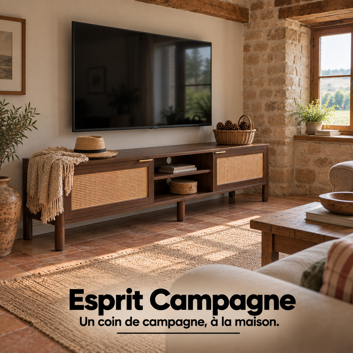 Meuble TV noyer et rotin dans un salon esprit campagne avec mur en pierre
